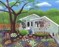 Cats and Dog at Garden Folk Art House Fine Art Print