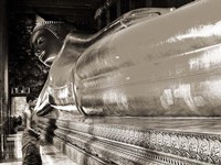 Praying the reclined Buddha, Wat Pho, Bangkok, Thailand (sepia) Fine Art Print