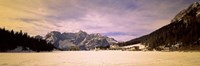 Frozen Lake with Town at Mountainside, Lake Misurina, Veneto, Italy Fine Art Print