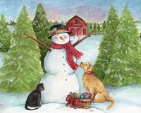 Snowman Dog And Cat Farm Horizontal Fine Art Print