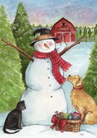 Snowman Farm With Dog And Cat Fine Art Print