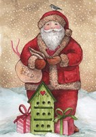 Santa with Birdhouse and Presents Fine Art Print