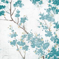 Teal Cherry Blossoms II on Cream Aged no Bird Fine Art Print