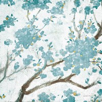 Teal Cherry Blossoms I on Cream Aged no Bird Fine Art Print