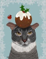 Grey Cat and Christmas Pudding Fine Art Print