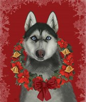 Husky and Poinsettia Wreath Fine Art Print