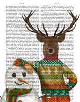 Deer in Christmas Sweater with Snowman Fine Art Print