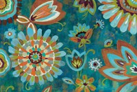 Decorative Peacock Floral Mustard and Eggplant Fine Art Print