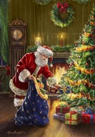 Santa at Tree Blue Sack Fine Art Print