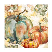 Watercolor Harvest Teal and Orange Pumpkins I Fine Art Print