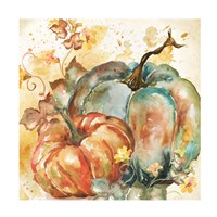 Watercolor Harvest Teal and Orange Pumpkins II Fine Art Print