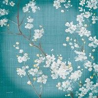 White Cherry Blossoms II on Teal Aged no Bird Fine Art Print