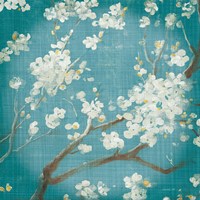 White Cherry Blossoms I on Teal Aged no Bird Fine Art Print