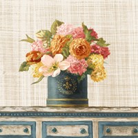 Tulips in Teal and Gold Hatbox on Linen Fine Art Print