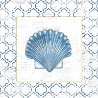 Navy Scallop Shell on Newsprint with Gold Framed Print