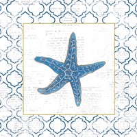 Navy Starfish on Newsprint with Gold Framed Print