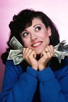 Excited Brunette Woman Holding Several Dollar Bills Fine Art Print