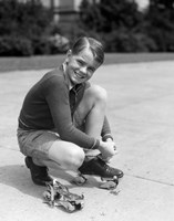 1930s Smiling Boy Fastening On Metal Roller Skates Fine Art Print