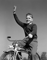 1940s 1950s Smiling Boy Riding Bike Waving Fine Art Print