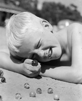 1950s Boy Crouching Shooting Marbles Fine Art Print