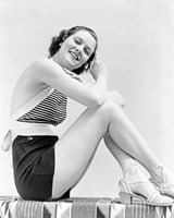 1930s  Smiling Brunette Woman Wearing Striped Halter Top Fine Art Print