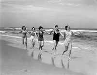 1930s Four Women And One Man Running On Beach Fine Art Print
