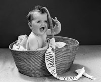 1940s Baby In Wicker Basket With Happy New Year Banner Fine Art Print