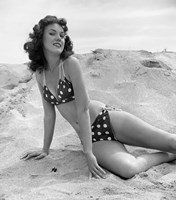 1950s 1960s Brunette Bathing  Stretched Out On Sand? Fine Art Print