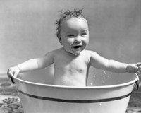 1920s 1930s Wet Baby Girl Sitting In Metal Wash Tub Fine Art Print