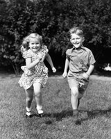 1930s 1940s Boy And Girl Running In Backyard Fine Art Print