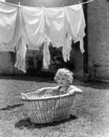 1930s 1940s Girl Outdoors Sitting In Laundry Basket Fine Art Print