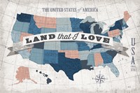 USA Modern Vintage Blue Grey Red with Words Fine Art Print