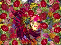 Mask And Red Flowers Fine Art Print