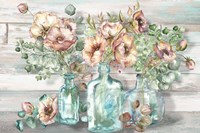 Blush Poppies and Eucalyptus in bottles landscape Fine Art Print