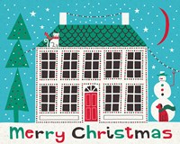 Jolly Holiday Home on Blue Merry Christmas Fine Art Print