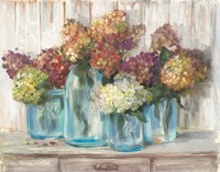 Hydrangeas in Glass Jars White Wood Fine Art Print