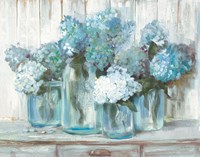 Hydrangeas in Glass Jars Blue Fine Art Print