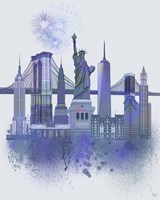 New York Skyline Watercolour Splash Blue Fine Art Print