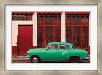 Cuba, Havana Green Car, Red Building On The Streets Fine Art Print
