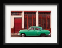 Cuba, Havana Green Car, Red Building On The Streets Fine Art Print