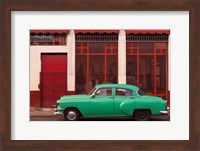 Cuba, Havana Green Car, Red Building On The Streets Fine Art Print