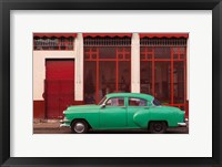 Cuba, Havana Green Car, Red Building On The Streets Fine Art Print