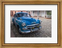 Cuba, Trinidad Blue Taxi Parked On Cobblestones Fine Art Print
