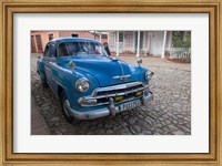 Cuba, Trinidad Blue Taxi Parked On Cobblestones Fine Art Print