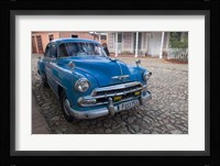 Cuba, Trinidad Blue Taxi Parked On Cobblestones Fine Art Print