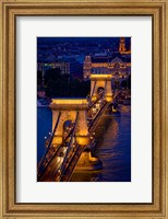 Hungary, Budapest Chain Bridge Lit At Night Fine Art Print