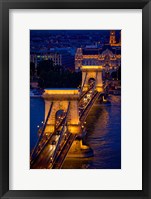 Hungary, Budapest Chain Bridge Lit At Night Fine Art Print
