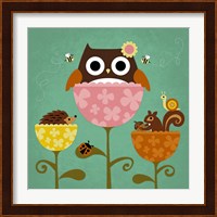 Owl, Squirrel and Hedgehog in Flowers Fine Art Print