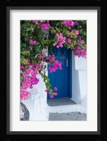 Greece, Santorini A Picturesque Blue Door Is Surrounded By Pink Bougainvillea In Firostefani Fine Art Print