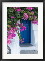 Greece, Santorini A Picturesque Blue Door Is Surrounded By Pink Bougainvillea In Firostefani Fine Art Print